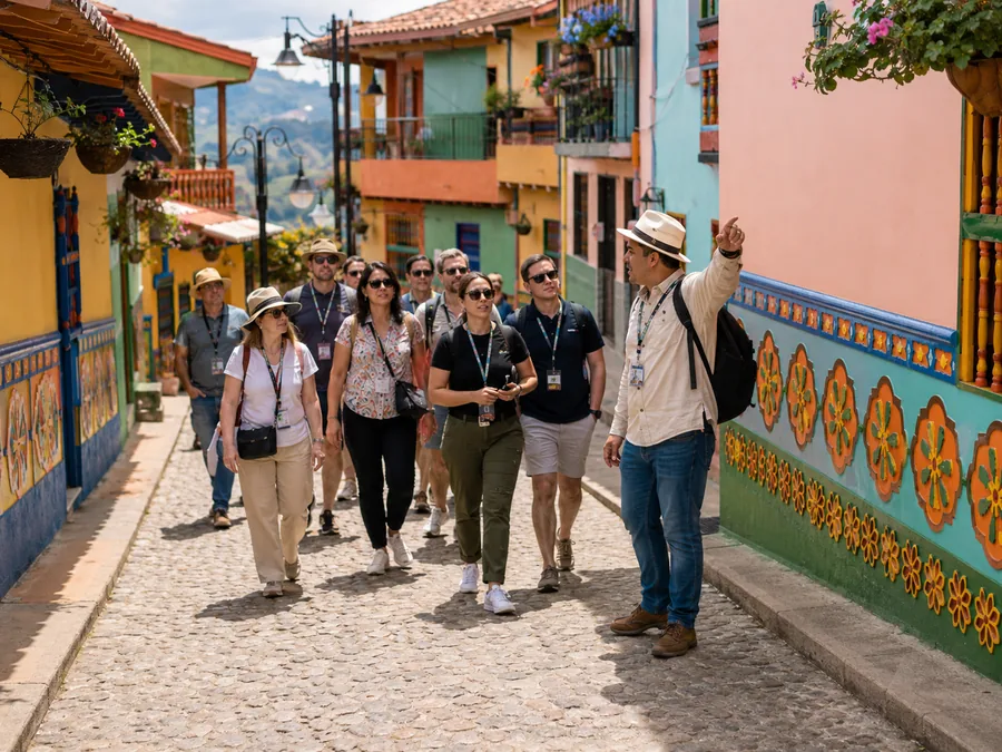 Illustrative image of a guide leading an organized visitor group through a colorful Guatapé street.