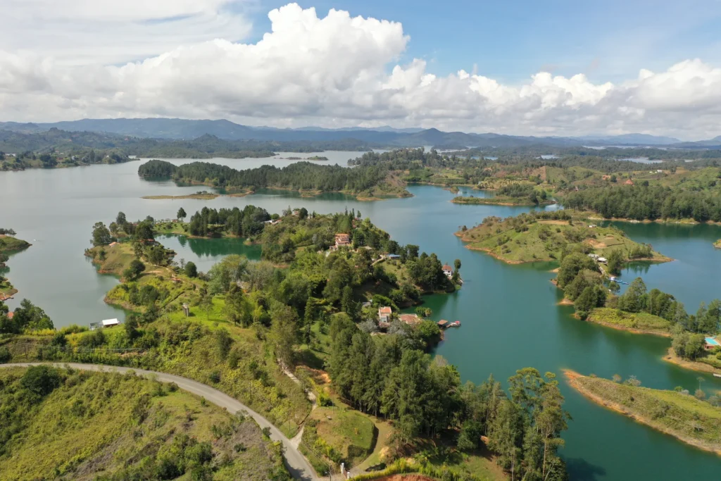Aerial view of the Peñol-Guatapé reservoir and its forested islands