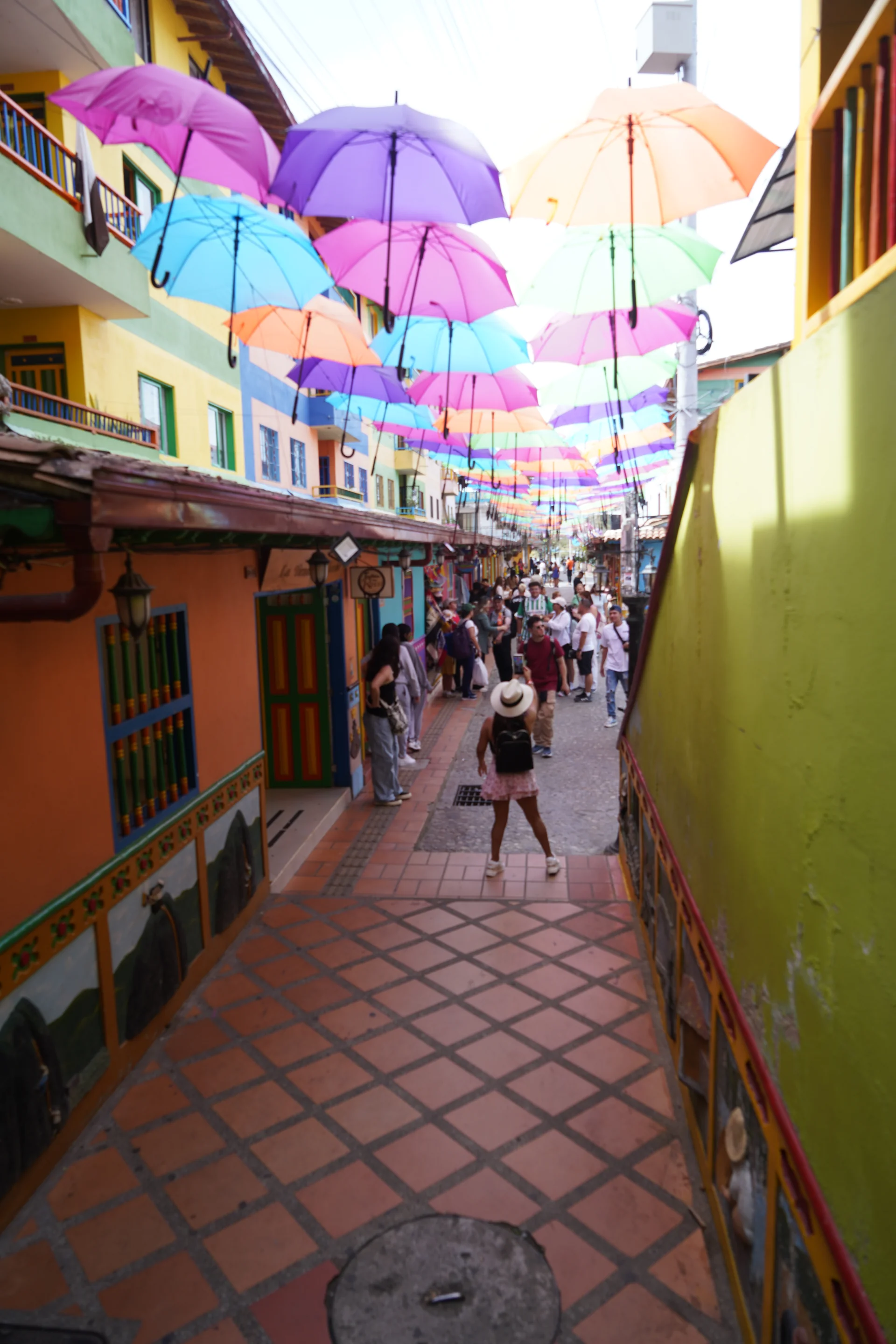 Colorful umbrella canopy over the pedestrian street, Guatapé