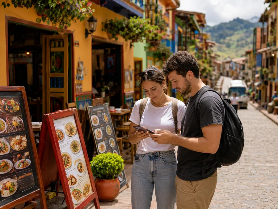 Illustrative image of independent visitors comparing restaurant menus and reviews in Guatapé.