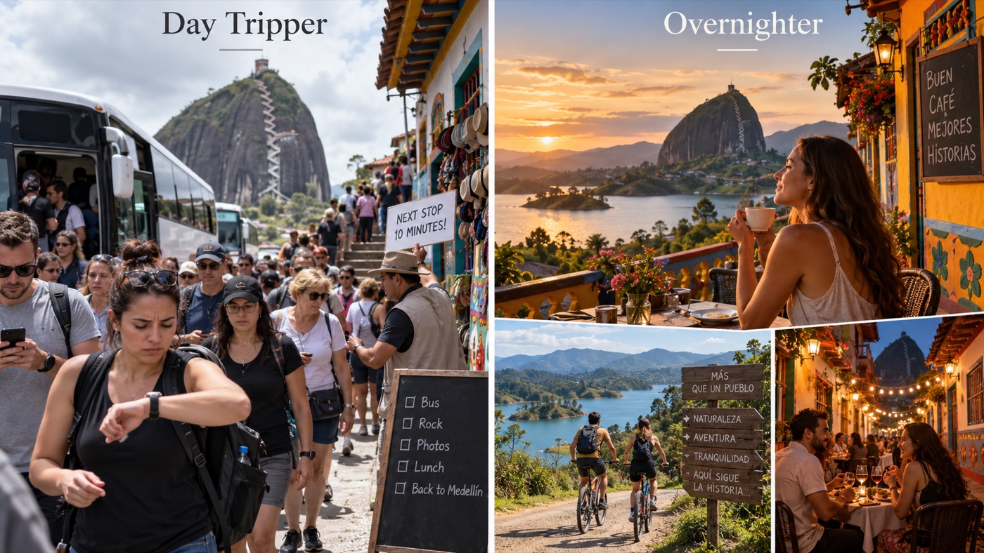 Comparison of a crowded, rushed Guatapé day trip with a relaxed overnight stay including cycling, sunset views and evening dining.