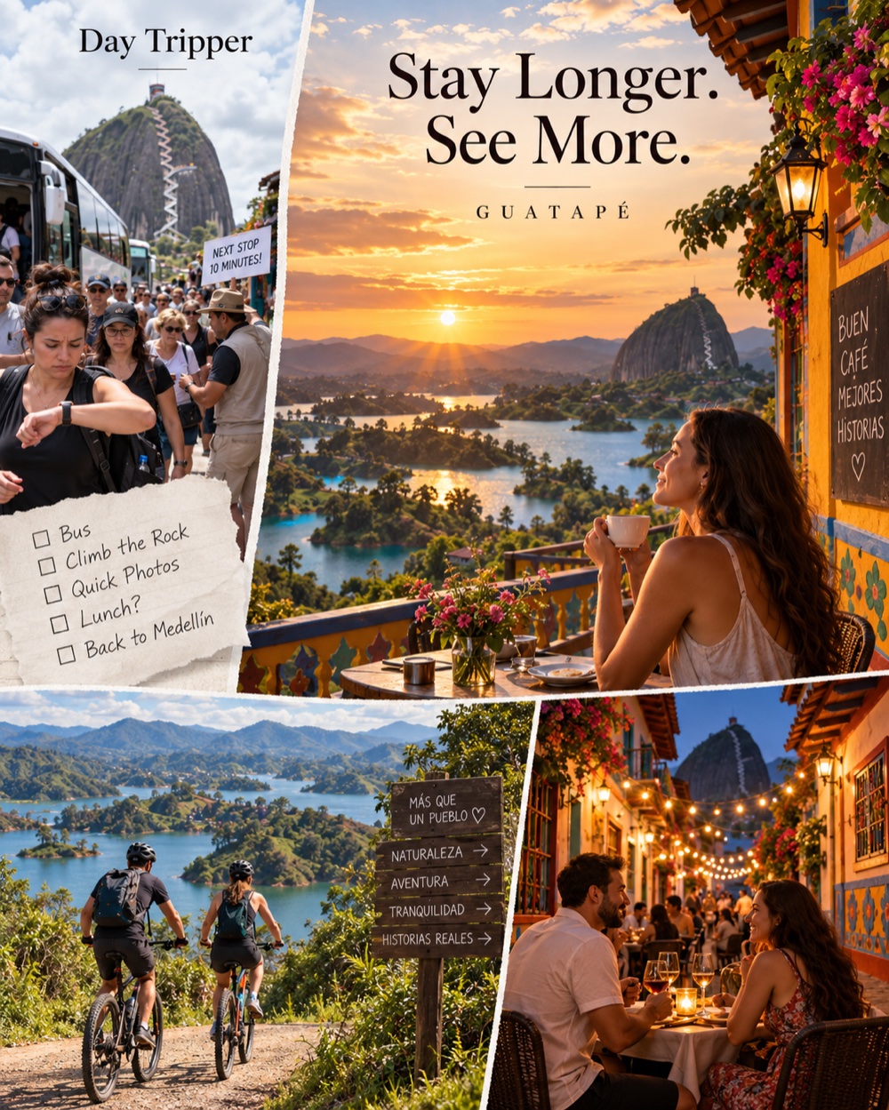 Guatapé travel scene contrasting a rushed day-trip itinerary with sunset, cycling and evening experiences available during a longer stay.